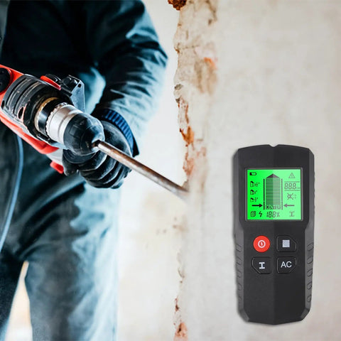 5-in-1 for stud Finder Wall Scanner Deep Scan AC Wire 5-in-1 in use detecting studs while drilling into a wall.