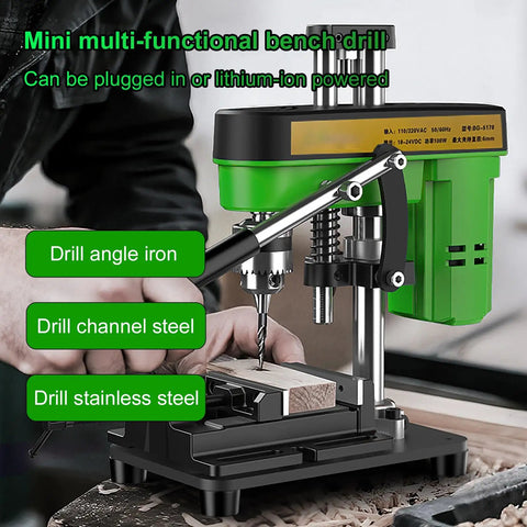 XVIIUIFOI Mini Drill Press With Dual Power Modes Adjustable Depth Control For Wood Metal Steel PVC Projects Ideal Benchtop Drilling Machine in use with wood.