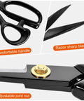 Heavy Duty Fabric Scissors With Ultra Sharp Blades And Comfort Grip For Office Or Home Use, Perfect For Sewing, Crafts, And Arts, Ergonomic Offset Handle For Fatigue Free Cuts And Cuts Like Butter, Precise Results. Black scissors with adjustable joint nut and sharp blades