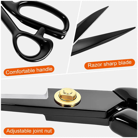 Heavy Duty Fabric Scissors With Ultra Sharp Blades And Comfort Grip For Office Or Home Use, Perfect For Sewing, Crafts, And Arts, Ergonomic Offset Handle For Fatigue Free Cuts And Cuts Like Butter, Precise Results. Black scissors with adjustable joint nut and sharp blades