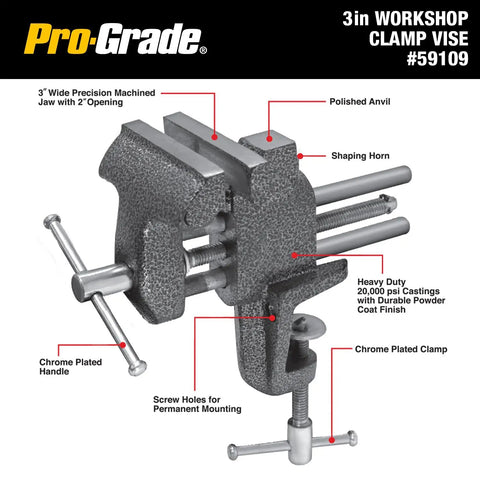 Heavy Duty Workshop Clamp Vise With 3 Inch Jaw, 20000 PSI Castings, Replaceable Hardened Steel Jaws, Compact Benchtop Design, Chrome Plated Handle And Base, Powder Coated Finish For Durable Portable Crafting.