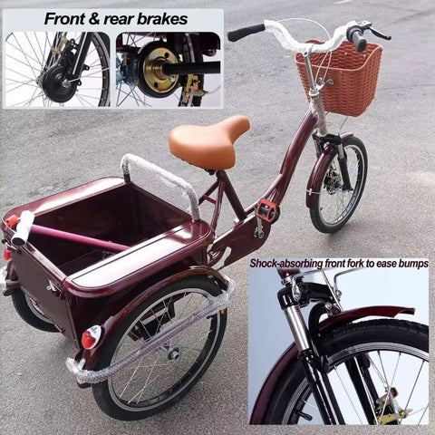 Adult Three Wheel Tricycle With Pedals Cargo Trike With Back Cabin Front And Rear Brakes Hydraulic Front Fork Pneumatic Spoke Tires