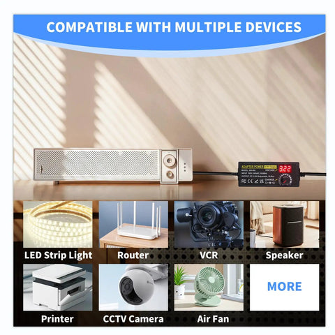 Adjustable Universal Power Supply 3V To 24V 3A 72W AC DC Switching Adapter with 5.5x2.1mm plug shown with compatible devices