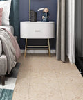 Bedroom scene with 32 Pack Peel And Stick Vinyl Floor Tiles 12x12 Inches Waterproof Removable Flooring For Renters Beige Linoleum Look