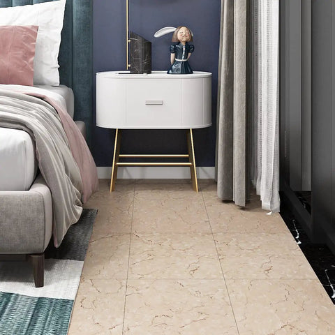 Bedroom scene with 32 Pack Peel And Stick Vinyl Floor Tiles 12x12 Inches Waterproof Removable Flooring For Renters Beige Linoleum Look