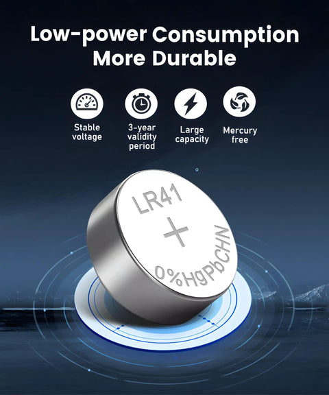 Heavy Duty Lr41 Button Batteries 10 Pack Ag3 392 384 192 L736 1.5V Alkaline Cells For Watches Calculators And Toys in a close-up view on a blue background.