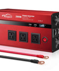 2000W Car Power Inverter 12V To 110V AC Converter With 4000 Watt Surge features three AC sockets, metal housing, and battery hookup.