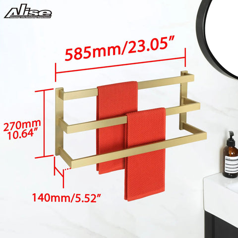 Three Tier Bathroom Towel Bar Wall Mount Matte Black Stainless Steel SUS304, Heavy Duty Square Towel Rail with Red Towels