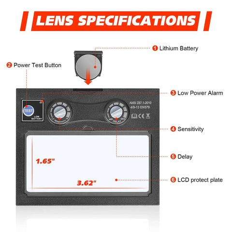 Specifications of Auto Darkening Welding Lens Replacement for Helmet with Solar Powered Shade, showing size and controls.