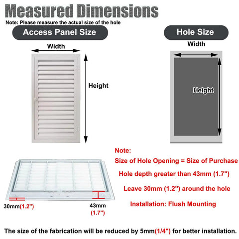 Measurements for Top Shelf Aluminum Louvered Access Panel For Wall Mounted Plumbing Inspection No Sweat Vent Cover.