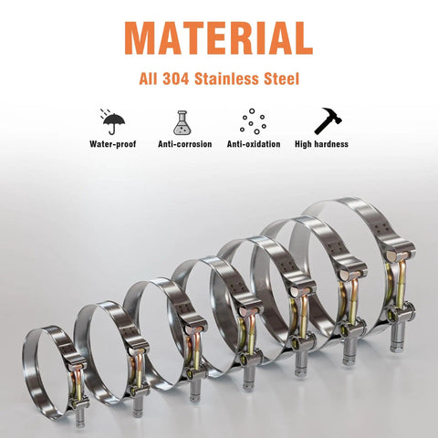 Beefy 14 Piece T Bolt Hose Clamp Set In 304 Stainless Steel For 1 To 3 Inch Hoses, 7 Sizes with corrosion resistance features