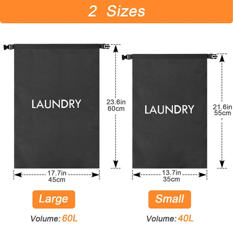 Two Pack Waterproof Travel Laundry Bags With Roll Top Seal For Wet Dry Separation And Odor Control, large and small sizes shown.