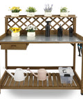 Outdoor Fir Wood Potting Bench With Metal Table Top Drawer Large Bottom Shelf And Open Shelf Garden Work Station with tools and plants