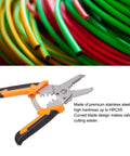 Wire Stripper And Cutter Tool With Curved Blade And Crimping Design For Electronics Repair And Cable Maintenance shown with wires