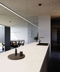 Contemporary LED Hanging Pendant Light Bar For Kitchen Island Or Dining Room With 20 Foot Adjustable Cord And Shiny Chrome Trim in modern kitchen.