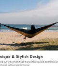 Person relaxing in Suparpine Camping Hammock With Straps Included Sand Color Single Size Lightweight Portable Gear For Backpacking Easy Setup Trip