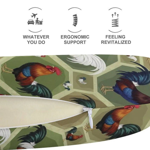 U Shaped Neck Pillow For Travel And Office Use, lightweight polyester with roosters pattern, zipper opening displayed