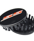 Fresh Set Of Four 68 Millimeter Stainless Steel Wheel Center Caps Featuring Raised Double Slash SS Badges For Chevy Camaro Rim Covers with black finish.