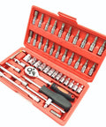 46 Piece One Quarter Inch Drive Socket Ratchet Set For Auto And Home Repair, housed in red case with rubber grip handle.