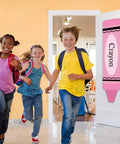 Two Pack Crayon Shaped Blackout Window Curtains For Classrooms And Offices, fun pink crayon door cover visible on classroom door.
