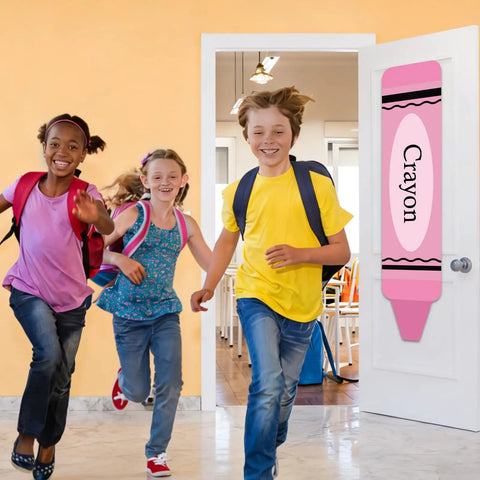 Two Pack Crayon Shaped Blackout Window Curtains For Classrooms And Offices, fun pink crayon door cover visible on classroom door.