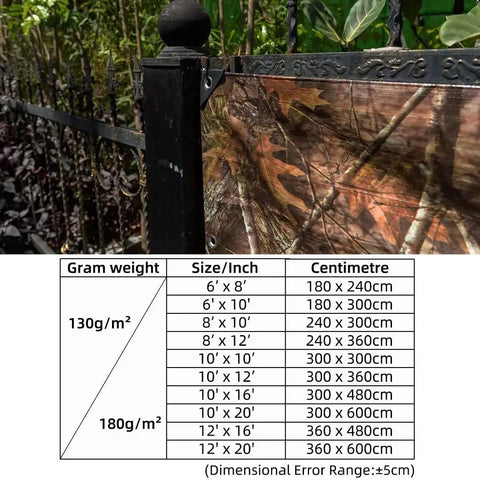 Heavy Duty Waterproof Tarp With Bionic Tree Camo Multi Purpose Poly Cover 8 Mil Thick 10 By 16 Feet For Equipment Machinery Construction Painting And Outdoor Projects showing camo tarp on fence and size chart.