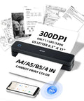 Game Changing Portable Bluetooth Printer With No Hassle Inkless Thermal Tech For Dang Quick US Letter Paper High Speed 300Dpi Imaging black printer on a desk with printed documents and a smartphone