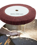 Top Tier Nylon Fiber Flap Polishing Wheel For Curves And Tight Spots Non Woven Abrasive Buffing Disc 250mm size with close-up of use.