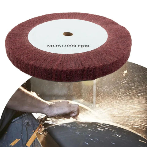 Top Tier Nylon Fiber Flap Polishing Wheel For Curves And Tight Spots Non Woven Abrasive Buffing Disc 250mm size with close-up of use.