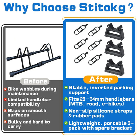 Three Pack Bike Handlebar Stand With Quick Release Brackets And Six Silicone Straps For 29 To 34mm Grips Inverted Parking Clip On Support For MTB Road And E Bike Dope Setup Maintenance And Repairs comparison chart with before and after features.
