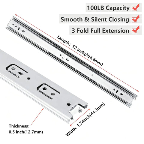 Heavy Duty 12 Inch Side Mount Drawer Slides Pair With 100 Lb Capacity Cold Rolled Steel Zinc Plated Built Tough For Long Lasting Strength And Smooth Quiet Sliding Rails For Cabinets And Tool Chests, 12 inch rails