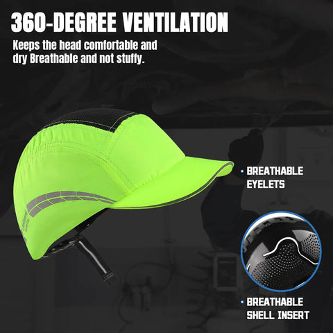 Lightweight Bump Cap With Breathable Baseball Cap Style For Work Hard Hat Alternative For Men And Women Lime Green Protective Headwear With Durable ABS Liner And Ventilated Comfort featuring breathable eyelets and shell insert.