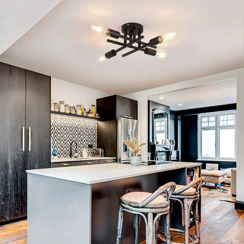 Semi Flush Mount 4 Light Ceiling Chandelier Matte Black With E26 Base in modern farmhouse kitchen interior