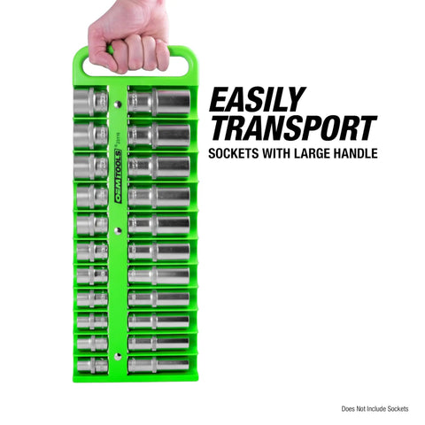 Person holding Three Pack Portable Magnetic Socket Organizer Tray For One Quarter Inch, Three Eighth Inch, And One Half Inch Drive Sockets, Holds Up To 76 Sockets, Magnetic, Rugged Green Tray For Toolbox, Garage, Or Shop.