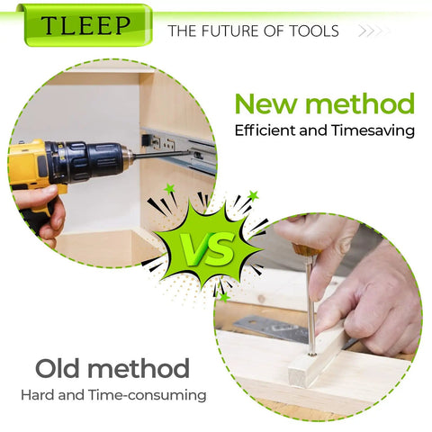 Comparison of screwdriving methods, with a drill on the left for efficiency and a manual screwdriver on the right for traditional use.