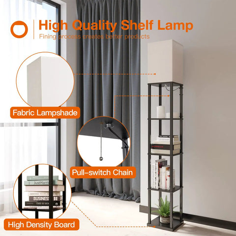Five-Tier LED Shelf Floor Lamp With White Shade And 3CCT Bulb Foot Switch Space Saving Built-In Shelves For Living Room Bedroom And Office Matte Black Great For Small Apartments And Modern Living in a corner highlighting materials and features.