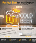 Cold Beer Neon Sign For Pub And Home Bar 12V LED Neon With Flexible PET Backboard Durable Light For Man Caves Garages And Clubs A Great Gift For Men And Dads 17 By 11.5 Inches glowing on wall with dimensions and accessories shown