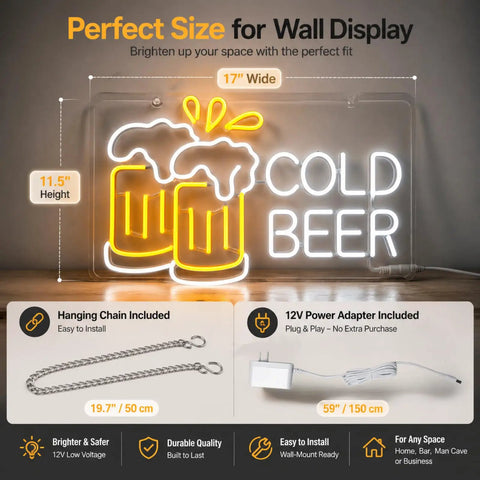 Cold Beer Neon Sign For Pub And Home Bar 12V LED Neon With Flexible PET Backboard Durable Light For Man Caves Garages And Clubs A Great Gift For Men And Dads 17 By 11.5 Inches glowing on wall with dimensions and accessories shown