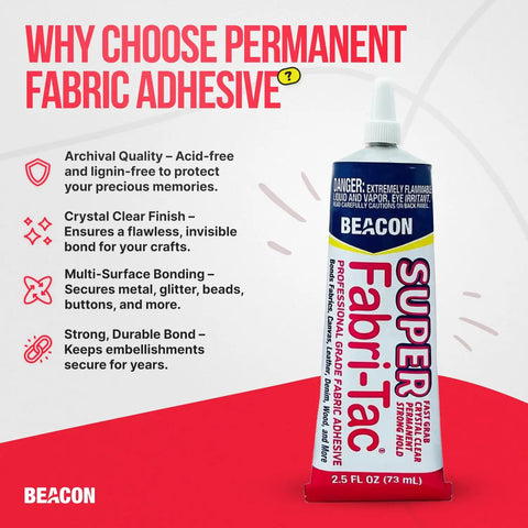 Tube of Beefed Up Heavy Duty Fabric Adhesive For Indoor And Outdoor Use With Fast Grab And Quick Drying Crystal Clear Bond For Fabrics Wood Glass And More 2.5 Ounce Industrial Grade next to adhesive benefits list.