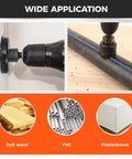Front view of HORUSDY 8-piece hole saw kit with bits, mandrel and hex key for soft wood, PVC and plasterboard.