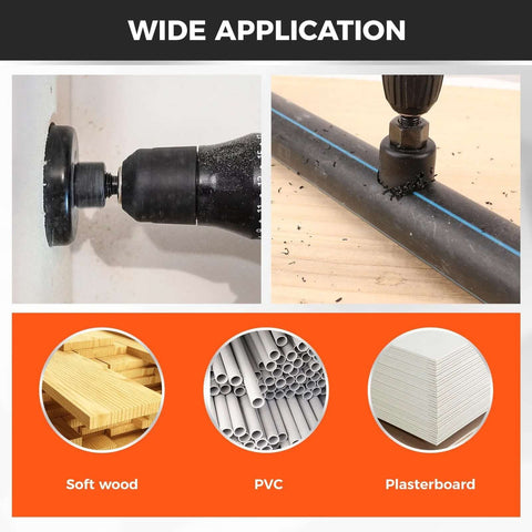 Front view of HORUSDY 8-piece hole saw kit with bits, mandrel and hex key for soft wood, PVC and plasterboard.
