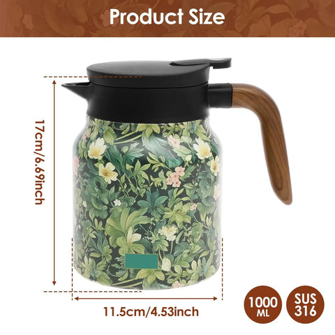 Large Capacity 1000ml Thermal Coffee Carafe And Insulated Tea Pot Stainless Steel Leak-Proof Water Pitcher in floral green design