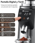 Heavy Duty 64mm Flat Burr Coffee Grinder With 100 Precision Settings For Electric Espresso Beans Single Dose Anti Static Shell All Metal Stainless Steel Chassis Ultra Quiet Gear showing digital touch screen controls and coffee grounds.
