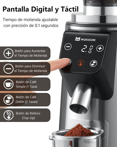 Heavy Duty 64mm Flat Burr Coffee Grinder With 100 Precision Settings For Electric Espresso Beans Single Dose Anti Static Shell All Metal Stainless Steel Chassis Ultra Quiet Gear showing digital touch screen controls and coffee grounds.