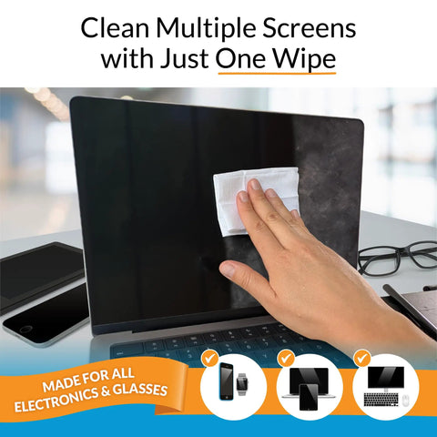 Hand using Screen Cleaning Wipes Travel Pack Individually Wrapped For Laptops Monitors And TVs Streak Free 24 Large Wipes