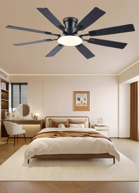 60 Inch Ceiling Fan With Lights And Remote Control, Low Profile Flush Mount, Black Finish, installed in modern bedroom