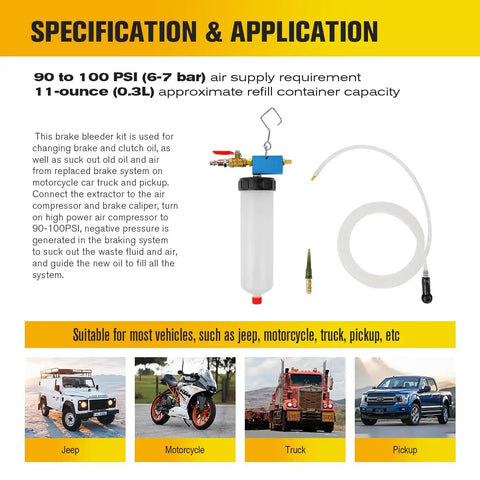 Vacuum Brake And Clutch Fluid Extractor Kit With 300Ml Capacity And 71 Inch Hose, Easy Bleeder Tool for Specifications and Applications