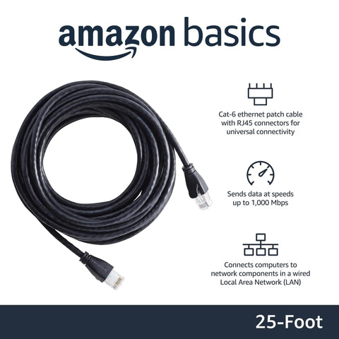 Amazon Basics Cat6 Ethernet Patch Cable 25 ft black with RJ45 connectors, coiled cable for wired LAN and 1 Gbps speed