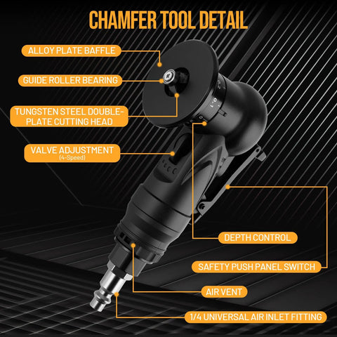 Beaiguna pneumatic chamfering tool by Amazon; black metal body with depth control and safety switch, 1/4in air inlet.