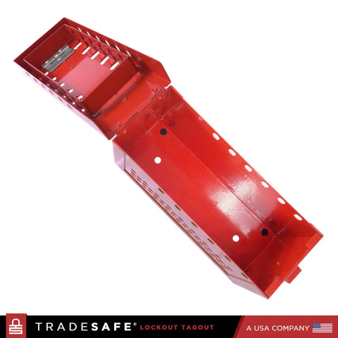Overhead view of a Red Lockout Tagout Group Box For OSHA Compliant LOTO Procedures, Heavy Duty 18 Gauge Steel, open to show inside.